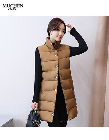 木宸秋冬新款棉衣女士棉马甲韩版时尚中长款大码修身连帽棉坎肩 咖啡