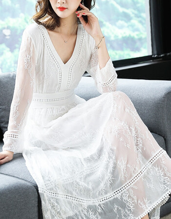 100桑蚕丝2018夏季新款高端时尚修身长袖蕾丝长裙sn1612 白色 m