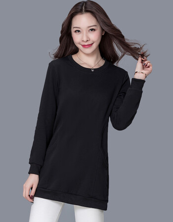 胜玛尔特长袖t恤女春装2018新款大码女装胖mm中长款宽松圆领纯色打底