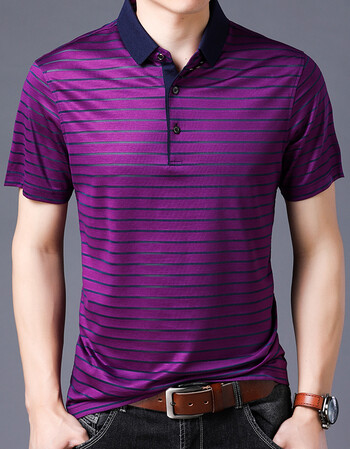 花花公子夏季男装桑蚕丝短袖t恤男士中年商务休闲翻领宽松冰丝条纹体