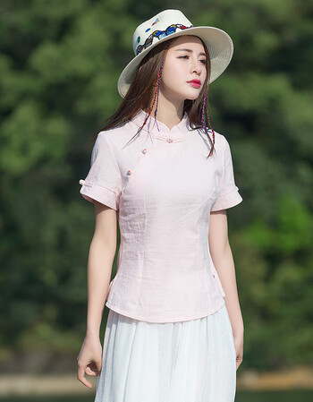 方知有夏季新款女装民族风立领斜襟中式盘扣棉麻短袖t恤纯色修身上衣