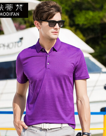 默蒂梵2018新款桑蚕丝衫t恤男短袖翻领休闲有领冰丝半袖衣服男 紫色