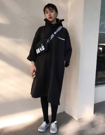 韩版花边连帽长款加绒卫衣裙女宽松中长款帽衫外套长袖连衣裙 黑色