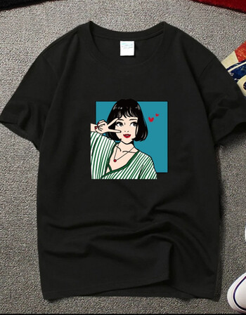 夏季短袖圆领情侣t恤韩版宽松潮流学生青少年半袖打底衫 黑色剪刀手