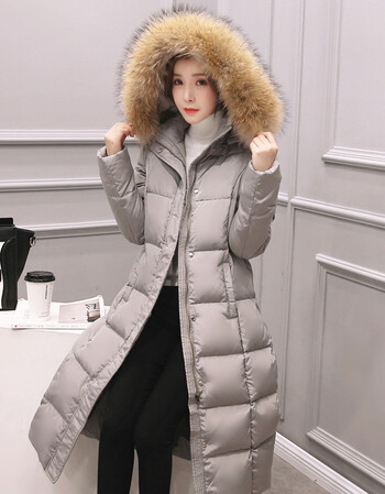 冬装新款韩版羽绒服女士长款大毛领加厚过膝收腰外套女装潮 灰色 m