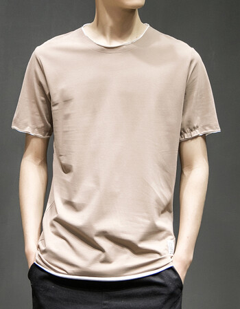 t恤男夏季男士修身纯棉短袖t恤男袖体恤半袖上衣圆领衣服男装 卡其色