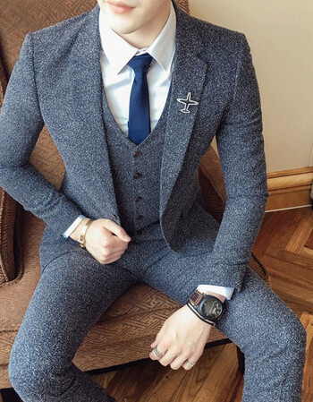 花花公子西服套装男士英伦西装三件套潮男西服装主持演出结婚礼服帅气