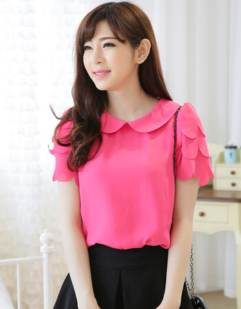 衫女2018夏季新款韩版女装短袖上衣娃娃领甜美修身套头打底衫 玫红色