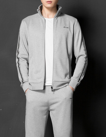 运动套装春秋跑步运动服外套春季开衫立领青年休闲装长袖长裤 浅灰色