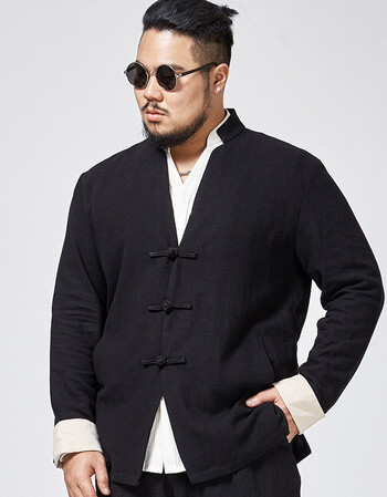 大码中国风男装复古棉麻唐装 胖子宽松汉服 加肥加大民族风外套 黑色