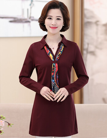 春装中老年翻领长袖t恤衫女士中长套头衬衫上衣装女装加大码hx 酒红色