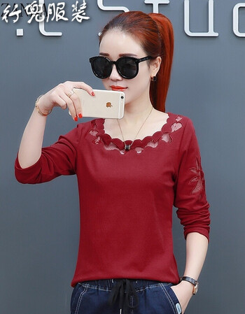 镂空绣花长袖t恤女2018春季新款韩版百搭女装显瘦打底衫上衣体恤 红色