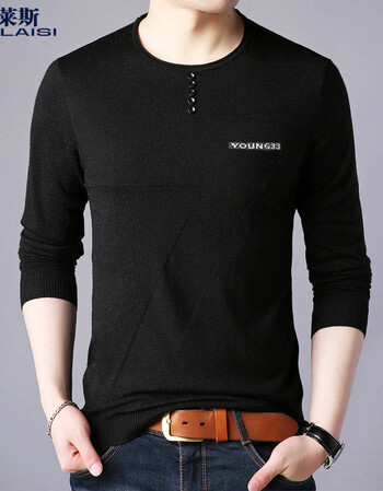 春装男士长袖t恤圆领体恤秋衣打底衫男装上衣春季外套薄款针织衫 黑色