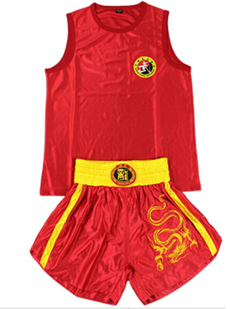 男女绣龙刺绣缎面散打服套装武术表演拳击服短裤短袖服装可 红色(缎面