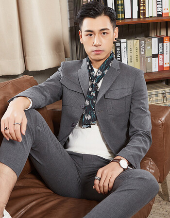 复古男西服套装韩版修身潮流季薄西装中山装休闲商务时尚外套 灰色