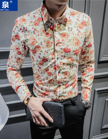 汉泉2018花衬衫男长袖修身休闲青年碎花衬衣印花潮流个性男装潮 红花
