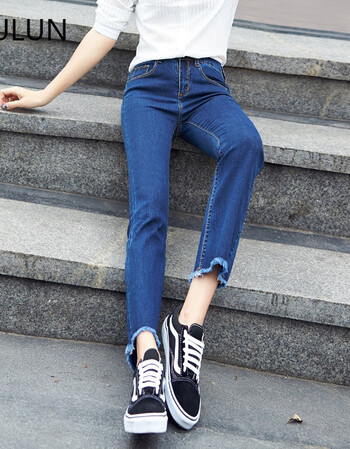 高腰毛边牛仔裤女秋2017新款韩版学生ulzzang阔腿裤九分裤显 深蓝色