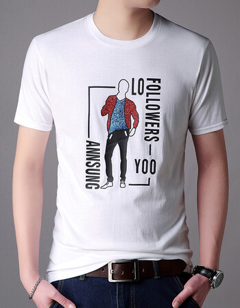 跨进男装夏季男士t恤修身圆领男短袖t恤衫3d印花卡通图案男式t恤 白色