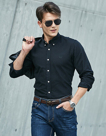 夏季薄款商务衬衫长袖 上班男士衬衣纯色免烫立领衬衫 黑蓝(w5568) l