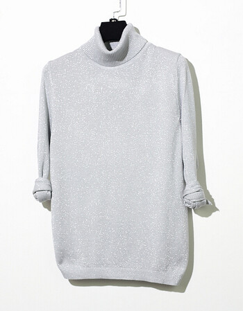 春秋流 高领亮丝闪光丝显瘦长袖针织衫打底薄款t恤套头女装 银色 高领