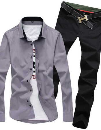 商务长袖衬衫男纯色棉质男装衬衫长裤子套装男生一套衣服 灰衣 黑裤