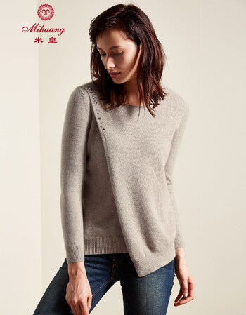 米皇mihuang 圆领提花100%纯羊绒女衫女式毛衣保暖羊绒衫 浅骆 95