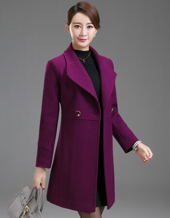 中年秋冬女妈妈春装羊绒呢子羊毛呢外套中老年大衣中长款40-50岁 紫色