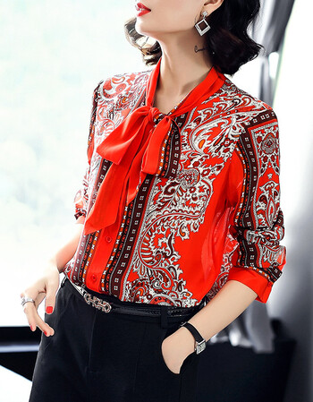 衬衫女长袖2018春装新款韩范碎花重磅桑蚕丝上衣蝴蝶结花衬衣 红色