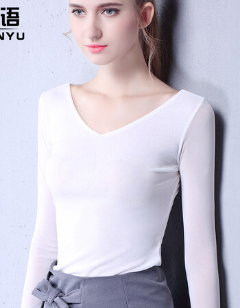春秋v领网纱打底衫女长袖蕾丝薄纱新款百搭性感鸡心领t恤上衣 白色 s