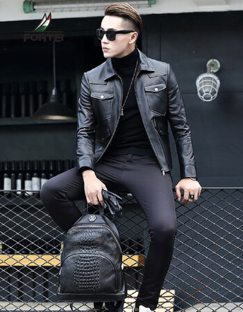 富铤fortei 男士皮衣绵羊皮翻领拉链多口袋真皮皮衣 ftw500502 黑色