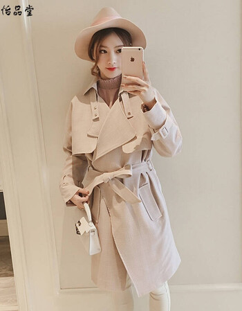 服饰风衣女中长款韩版春装新款宽松百搭chic翻领系带大