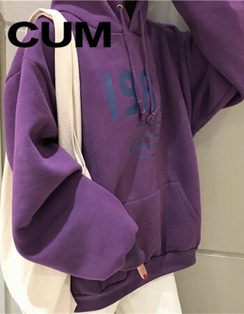 cum宽松字母连帽套头秋冬学院风加绒加厚卫衣上衣学生女潮 深紫色 xl