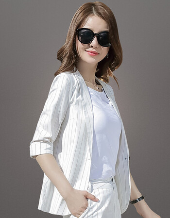 中袖竖条纹小西装女外套 休闲薄款西服套装上衣修身 白色 单件西装