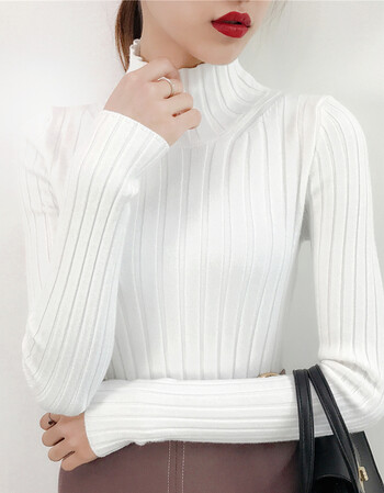 白色半高领毛衣女士线衣秋冬短款加厚修身紧身长袖百搭针织打底衫