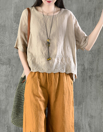 好店】园园美衣亚麻短袖娃娃衫女装 夏季宽松t恤短款文艺棉麻料上衣