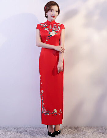 礼仪服装女迎宾小姐服年会红色绣花长款开业剪彩演出走秀旗袍 大红