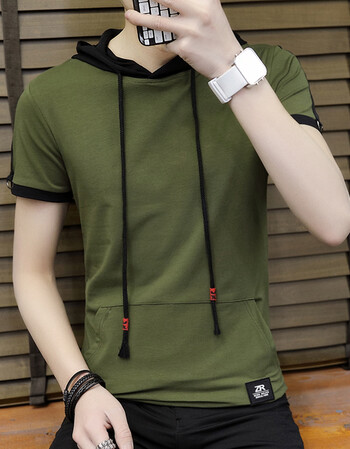 北极绒时尚色百搭连帽男士短袖t恤修身体恤衫男 军绿色 l