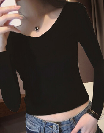 秋小心机打底衫女长袖露脐上衣性感紧身短款高腰v领t恤漏肚脐 黑色 m