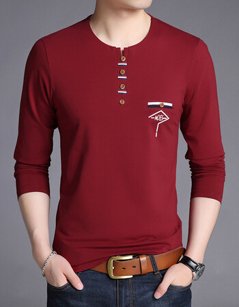 春秋季款男式长袖t恤圆领打底衫薄款新款男式休闲青年男士t恤 红色