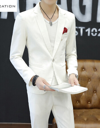 夏季男士休闲小西装套装 纯色韩版修身男帅气时尚潮男西服三件 白色