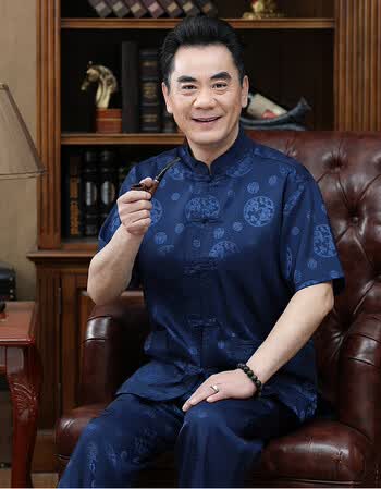 夏季中老年唐装短袖男士蚕丝套装大码爷爷老人衣服60-70-80岁男装 圆