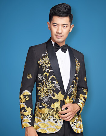 刺绣西装男士礼服司仪新郎结婚秀禾服主持人礼服男歌手演出服装 单件