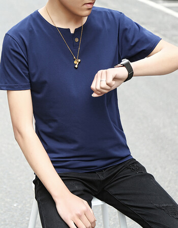 男t恤百搭韩版圆领v领修身男装夏天上衣服潮流半袖学生宽松 深蓝色 l