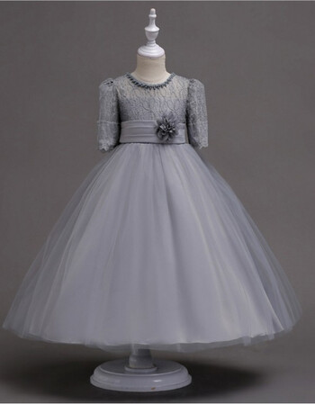 儿童礼服公主裙蕾丝半袖中长款女童花童主持走秀钢琴表演出服 灰色