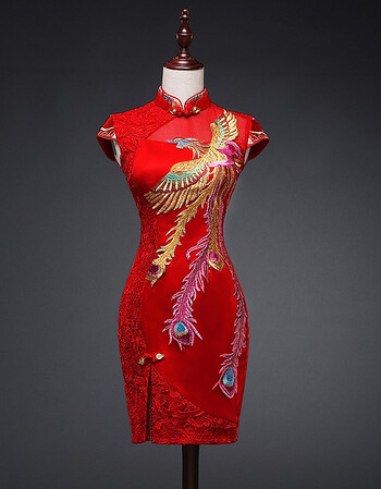 古莱登2018秋季新款结婚旗袍凤凰刺绣新娘敬酒服时尚蕾丝礼服女红色短