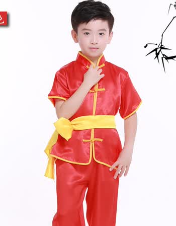 儿童舞蹈服演出服男童男孩刺绣龙武术服表演服拼色唐装吊穗长裤 红色