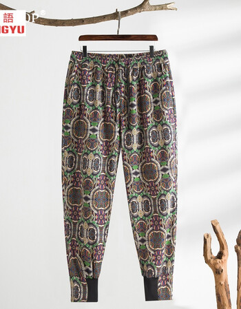 娉语男士休闲裤宽松大码裤子50%桑蚕丝九分裤真丝裤哈伦裤大花裤百搭