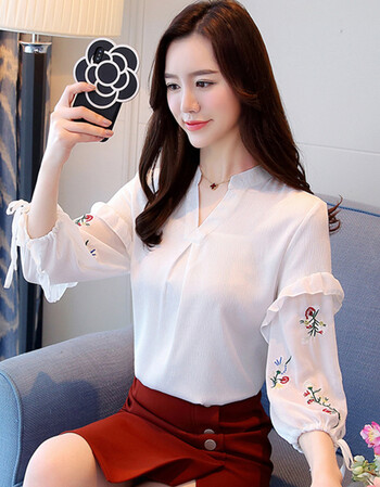 2018春夏新品遮肚子雪纺衫夏季女装长袖春装新款潮洋气小衫宽松上衣服
