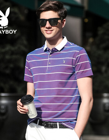 夏季男士短袖t恤衫中青年圆领休闲条纹t恤衫短袖男上装潮 k-827紫色
