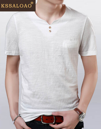 kssaloao品牌短袖t恤男2018夏季新品青年圆领纽扣装饰半袖体恤衫 白